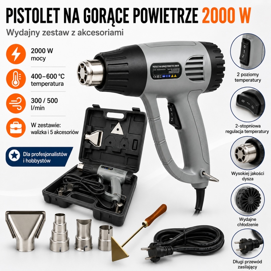 Elektrická horkovzdušná pistole 2000W 4 trysky 2 rychlosti + příslušenství BITUXX 600°C M15819